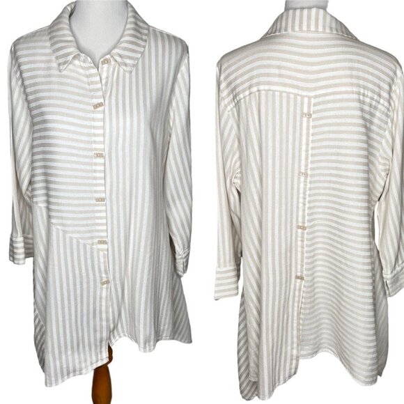 Soft Surroundings Striped Long Sleeve Button Abstract Hem Long Line Top Size 1X - Picture 2 of 16